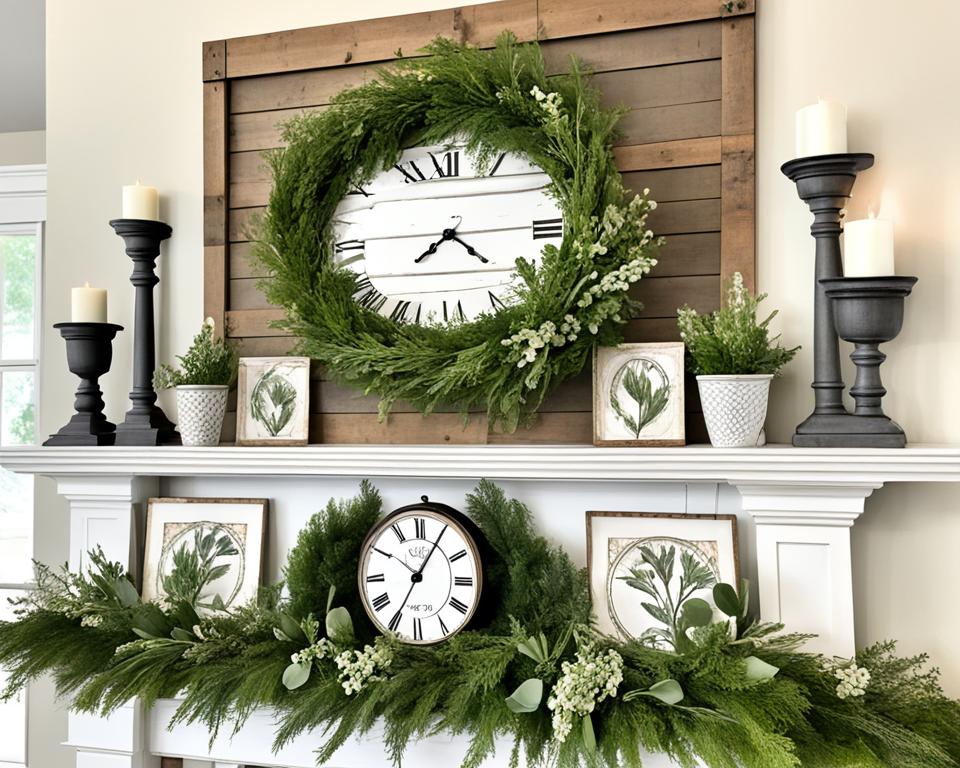 farmhouse mantel vignettes